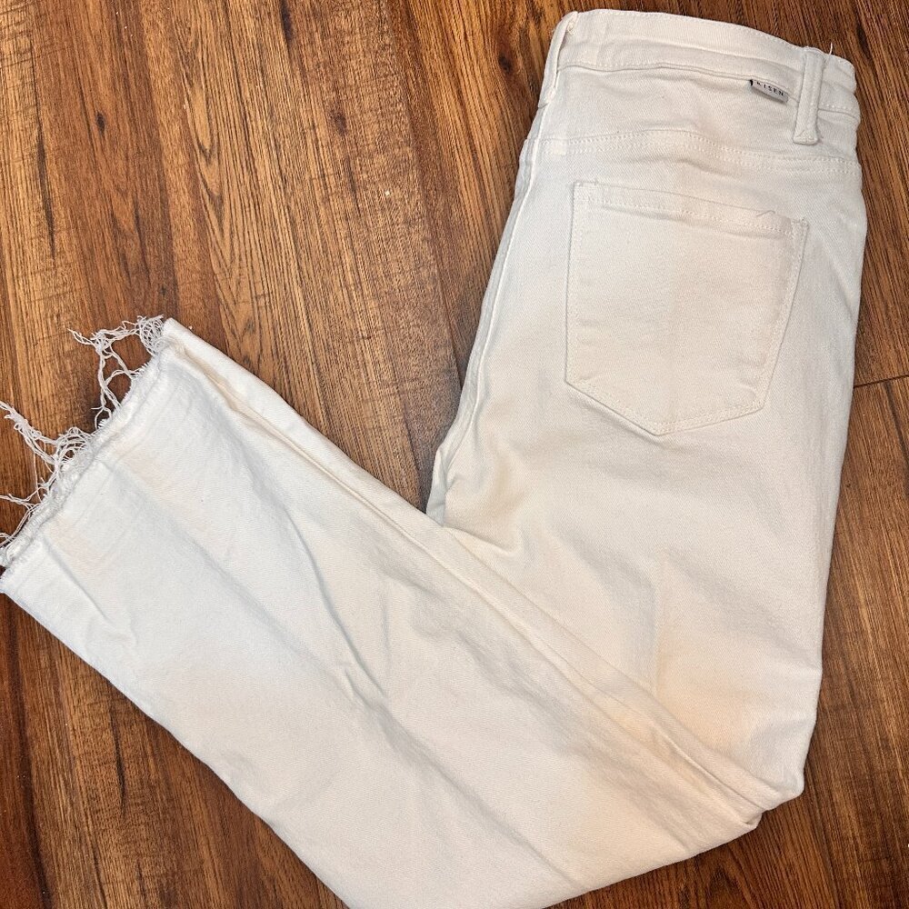 Risen Flare Leg Stretch Jeans Womens Size 9/29 Mid Rise White Denim Raw Hem